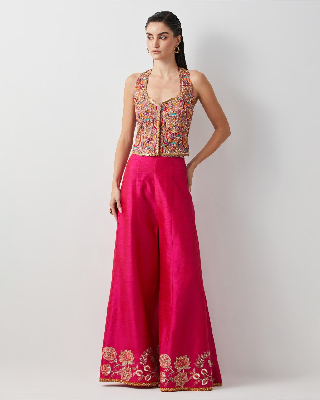 Hot Pink Embroidered And Multi Corset Plazzo Set