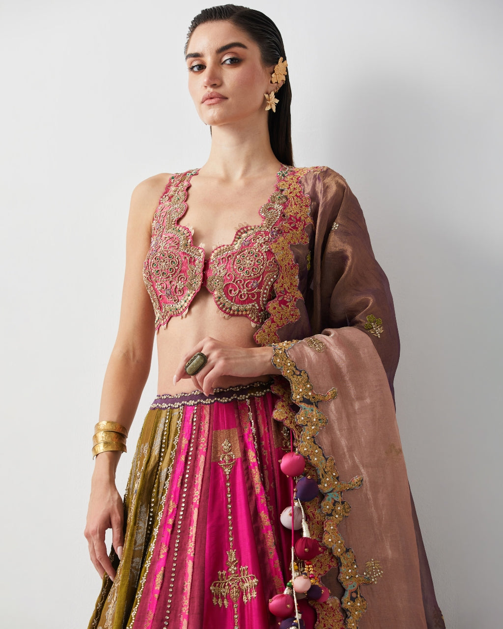 Multicolour Tissue & Silk Hand Embroidered Lehenga Set