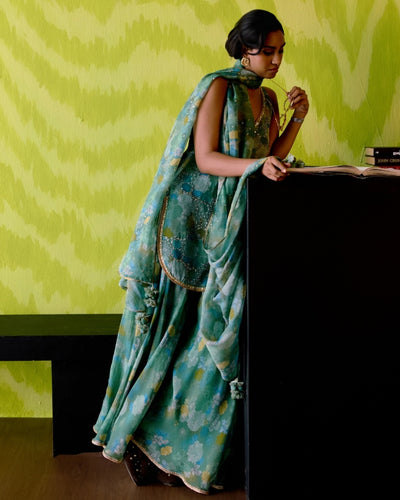 Green Apple Floral Print Short Kurta Set