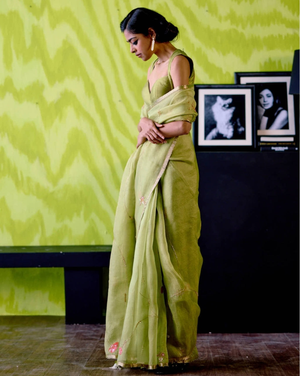 Green Organza Sari With Blouse Set