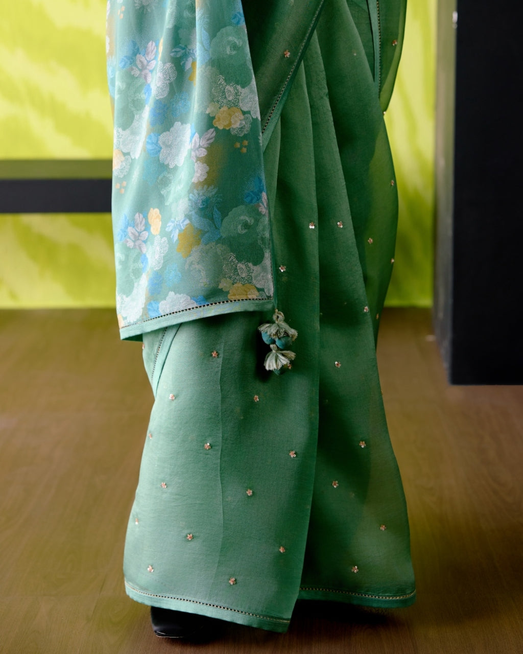 Green Apple Organza Sari With Blouse Set