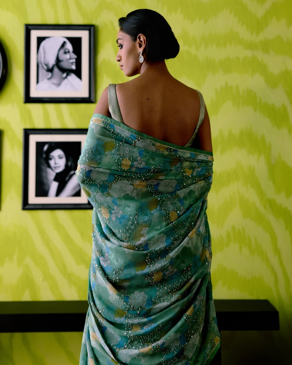 Green Apple Floral Print Sari With Blouse Set