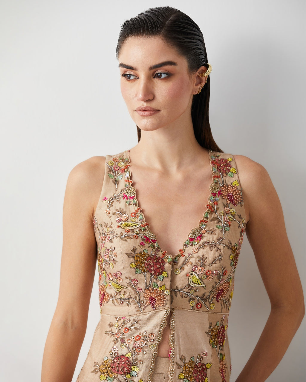 Ivory Silk Embroidered Peplum Sharara Set