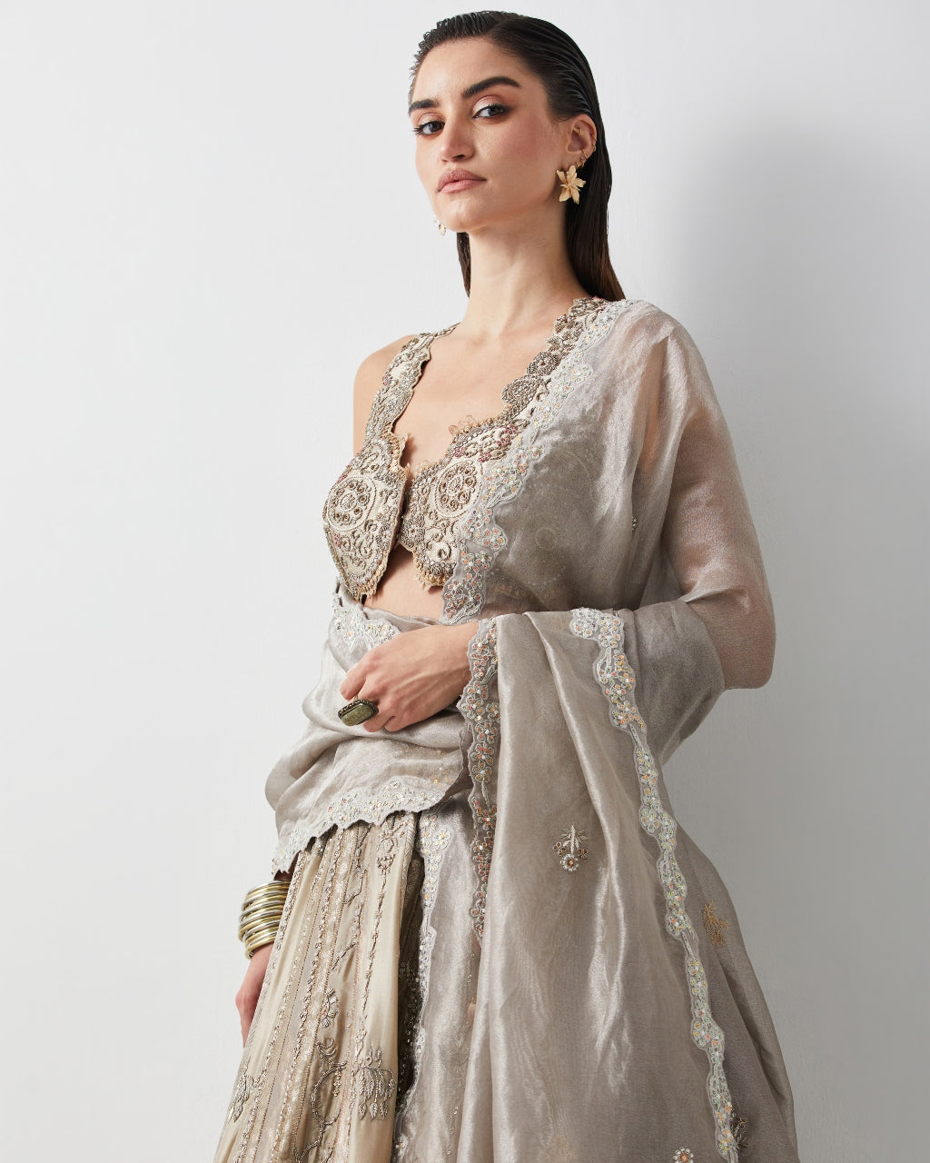 Silver Hand Embroidered Silk Brocade Lehenga Set