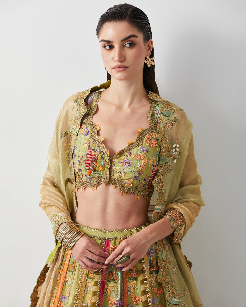 Lime Yellow Hand Embroidered Silk Lehenga Set