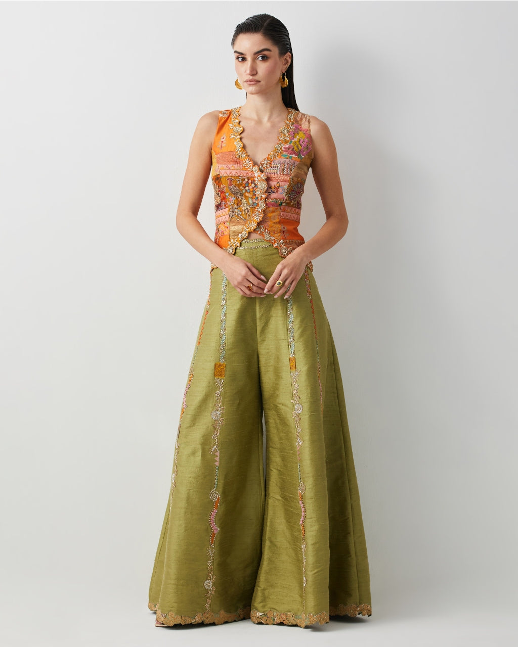 Embroidered Silk Jacket Top With Olive Plazzo Set.