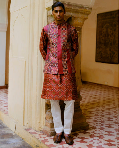 Rust Ikat Silk Bundi Set