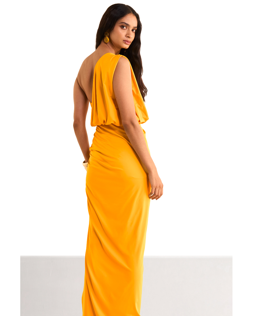 One Shoulder Draped Knit Sari Gown