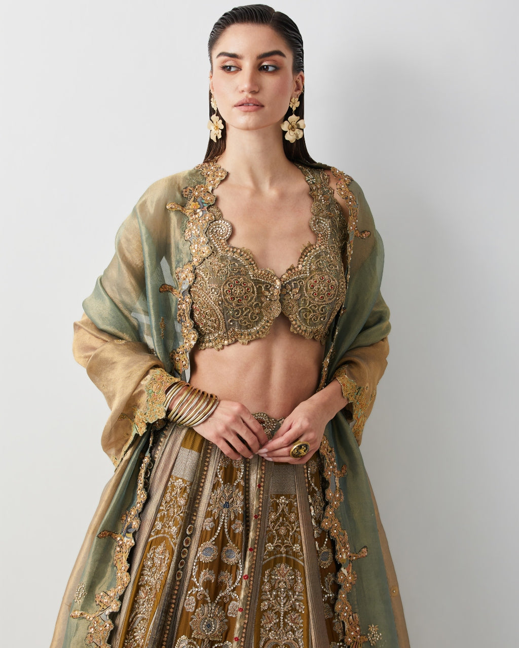 Olive Green Hand Embroidered Silk Brocade Lehenga Set