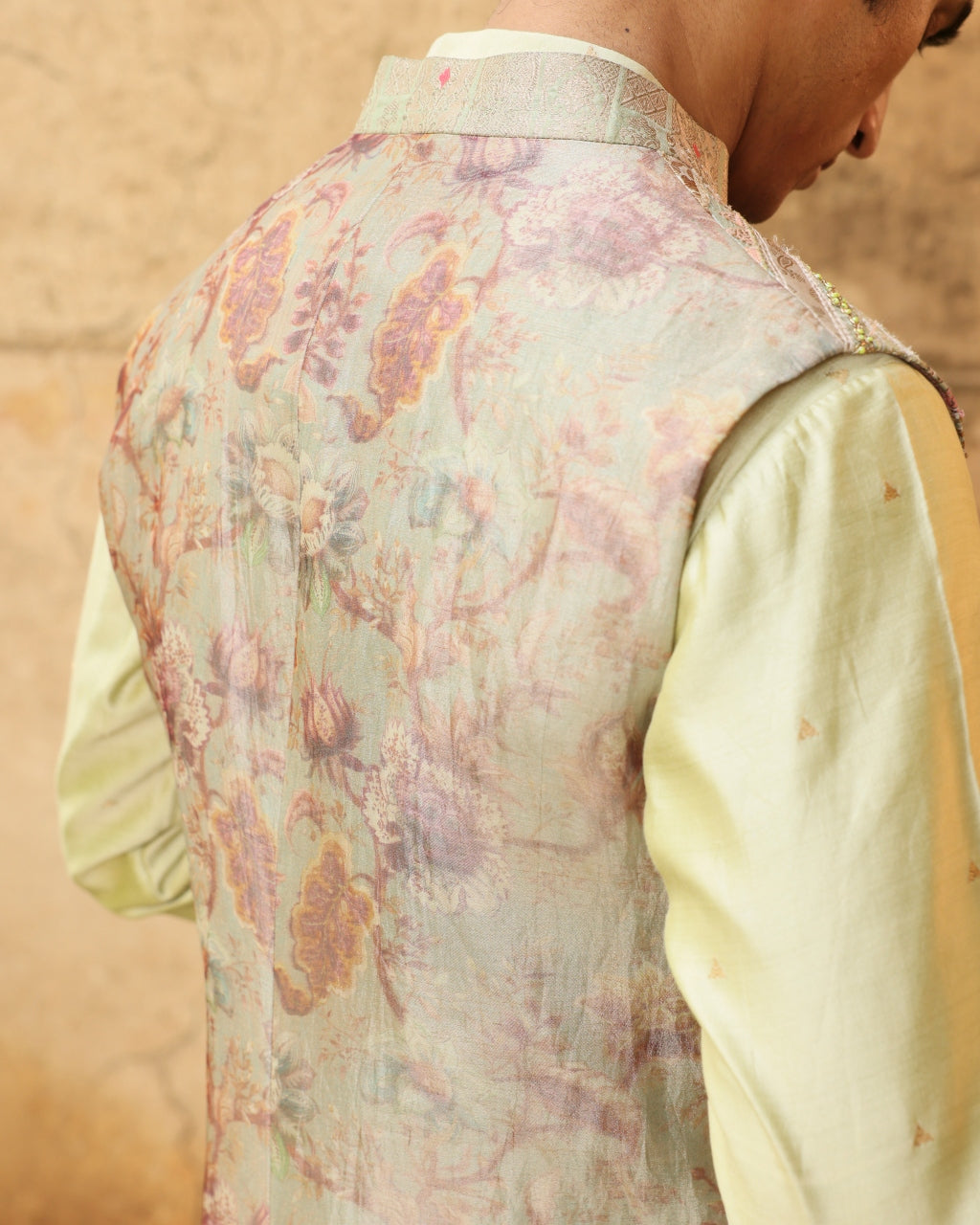 Mint Green Silk Kurta Set With Brocade Jacket