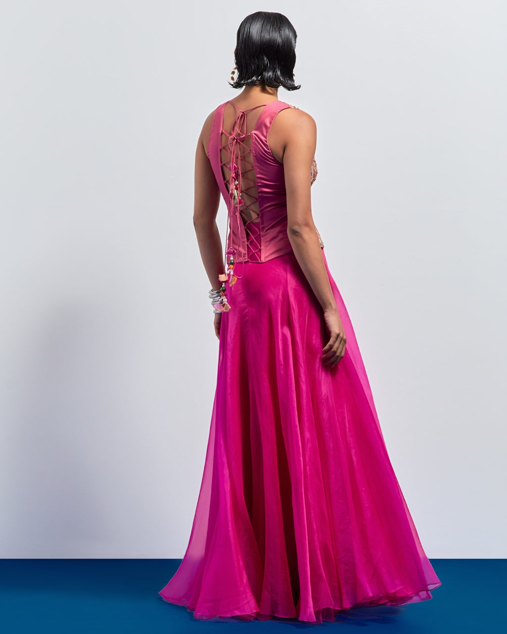Hot Pink Embroidered Corset Skirt Set