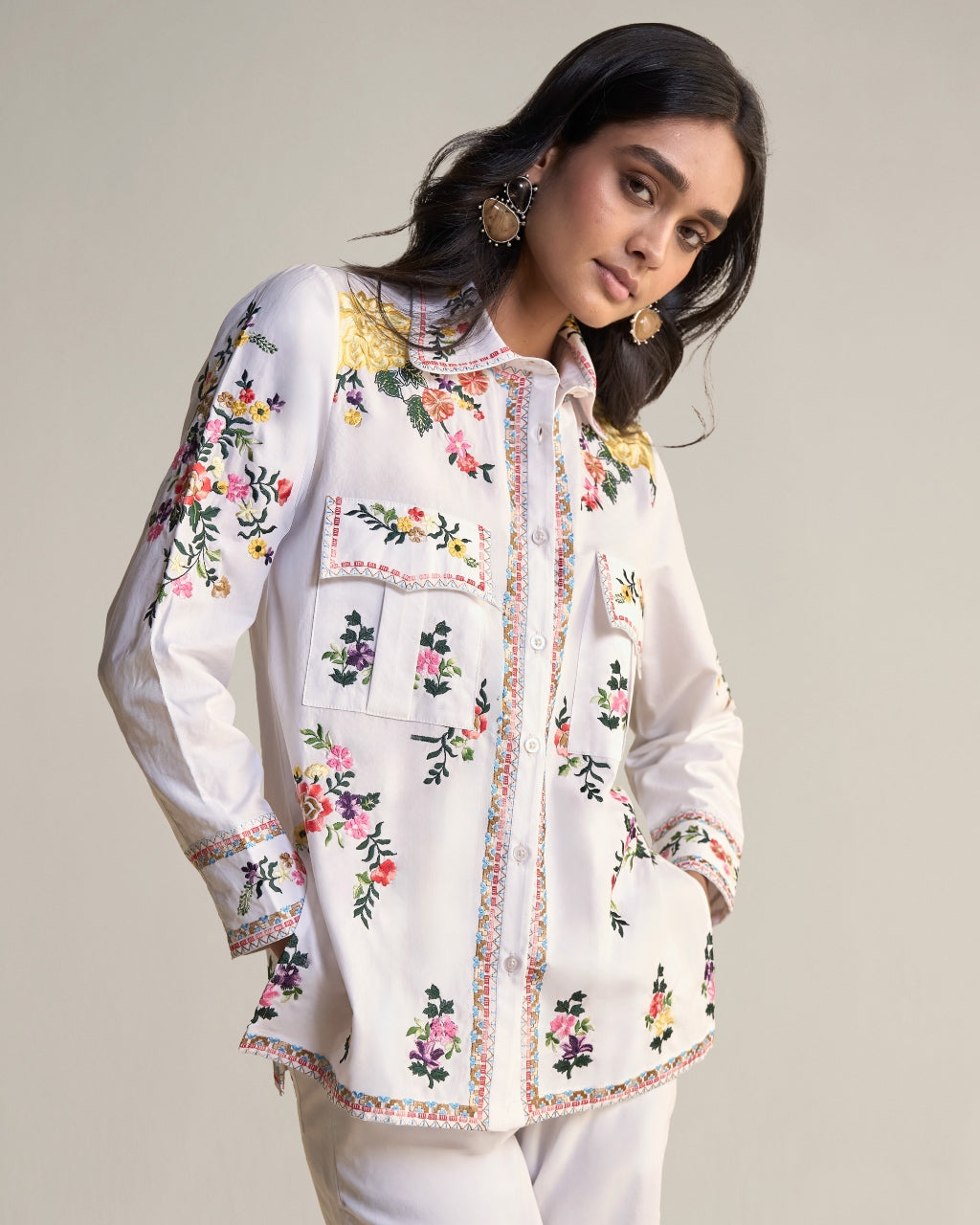 Placement Floral Embroidered Poplin Pant Set