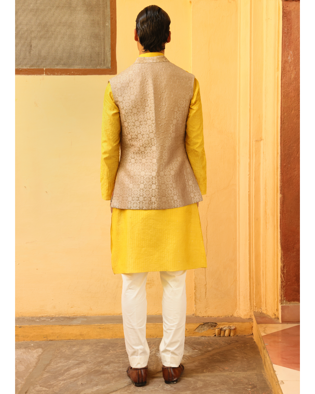 Mustard Kurta Set With Textured Jacket