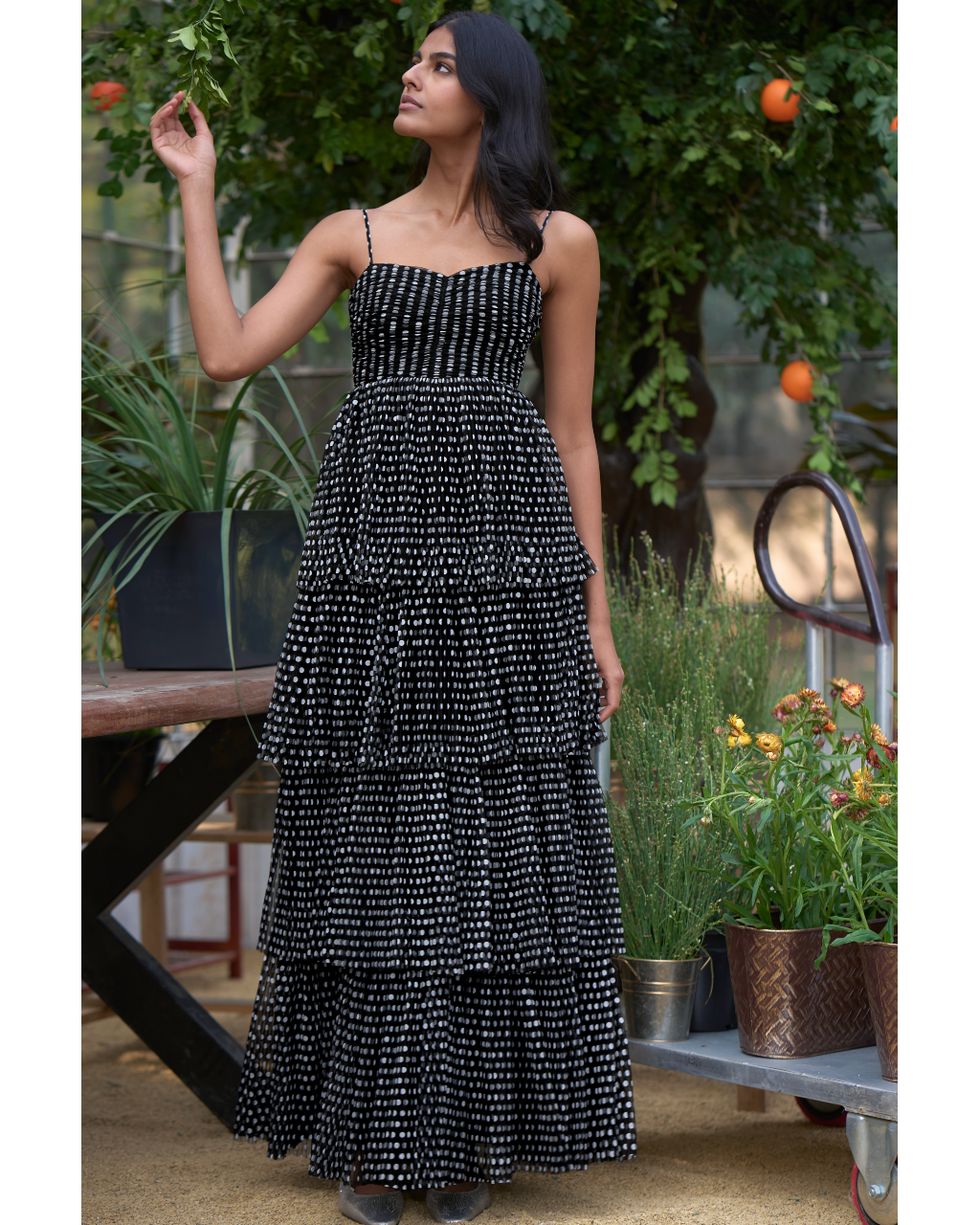 Pleated Polka Dot Tiered Maxi