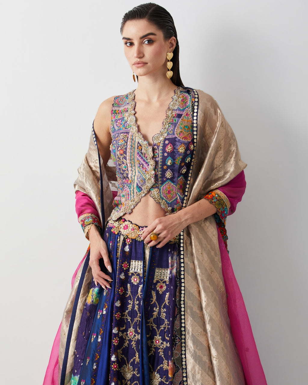 Royal Blue Silk & Brocade Lehenga Set With Corset And Organza Dupatta
