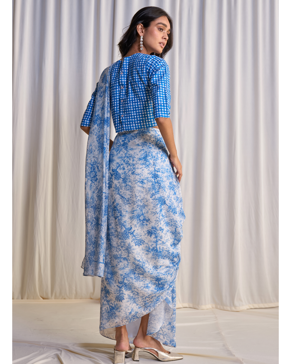 Linen Madras Check Print Top & Toile Print Sari Drape Skirt