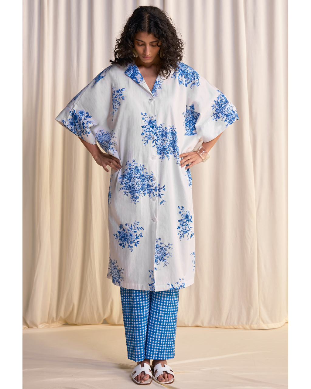 Linen Porcelain Print Motif Shirt & Madras Check Print Pant Set