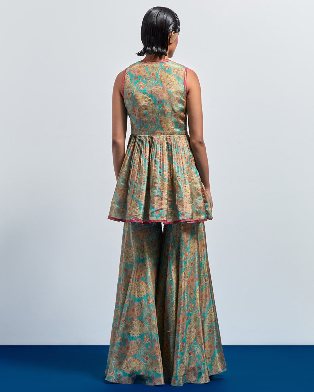 Sage Green Embroidered Peplum Sharara Set