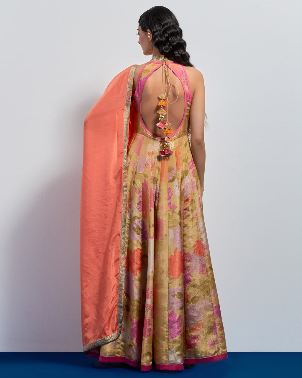 Beige Yellow Floral Embroidered Anarkali Set