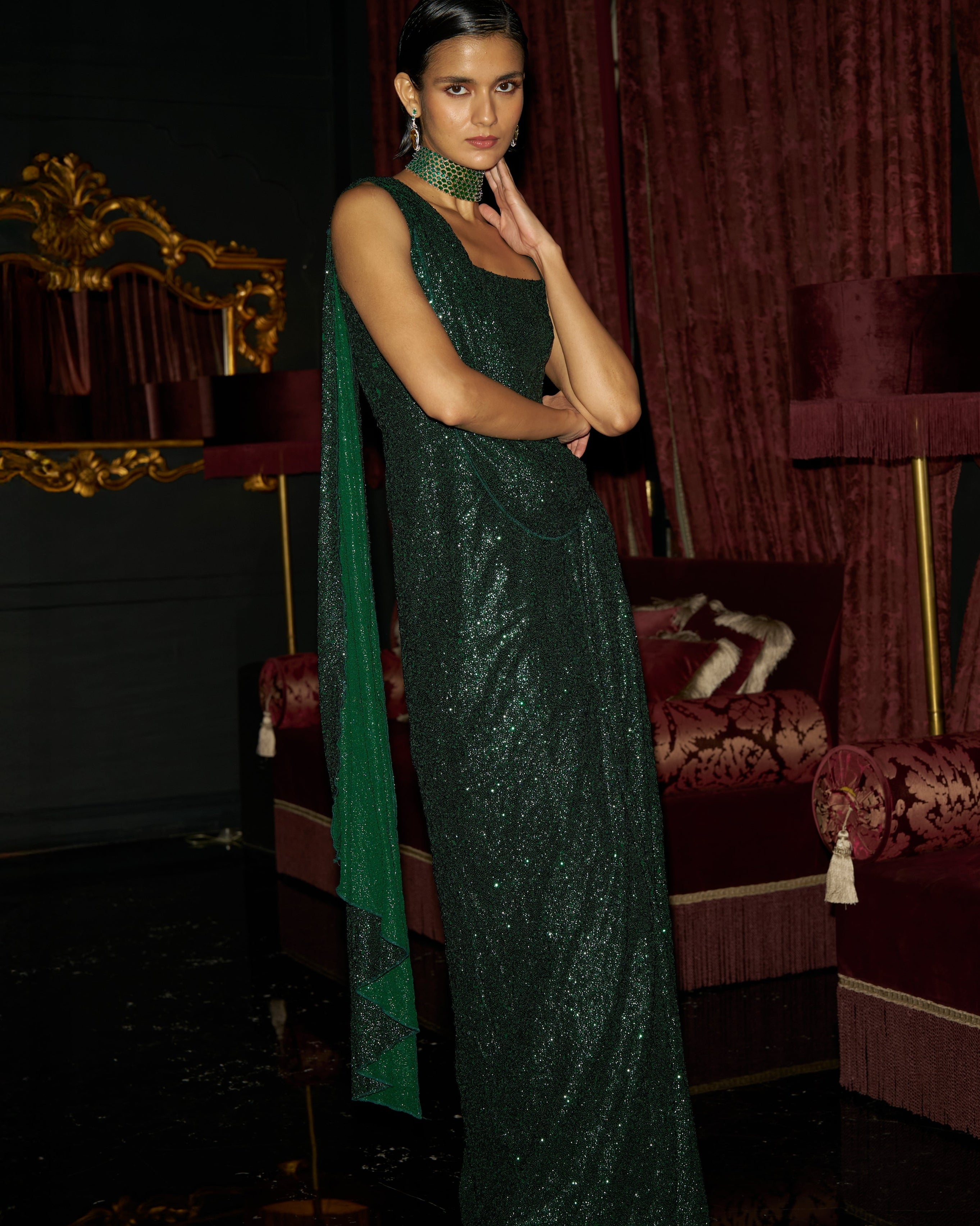 Emerald Sequin Saree Drape Gown