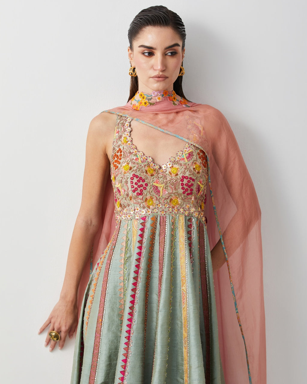 Aqua Silk Hand Embroidered Anarkali Set With Organza Dupatta