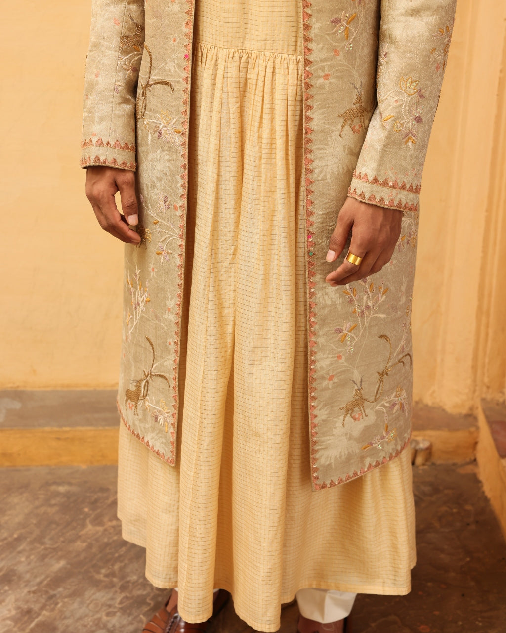 Ivory Silk Embroidered Sherwani Set.