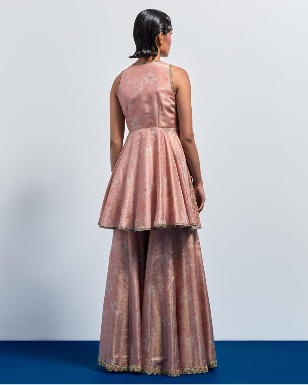Pink Embroidered Peplum Sharara Set