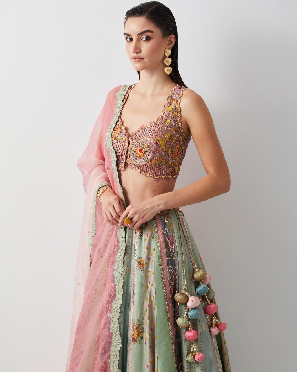 Aqua Silk Hand Embroidered Lehenga Set With Organza Dupatta
