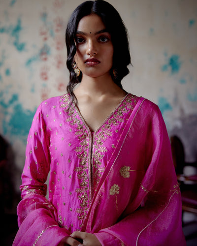 Fuchsia Pink Center Open Short Kurta Set