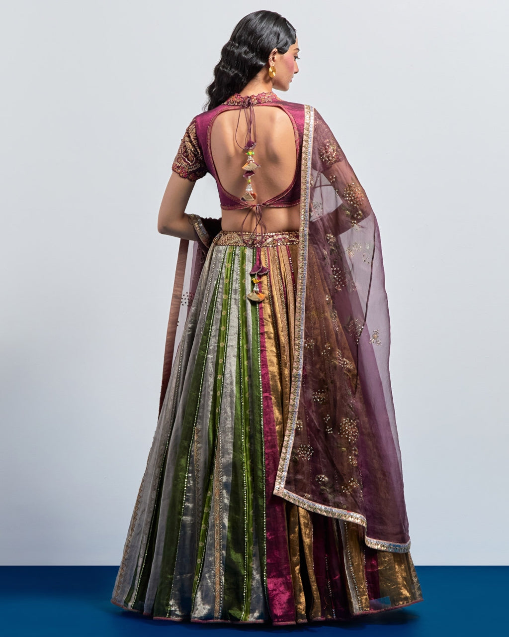 Multicolour Striped Embroidered Lehenga Set