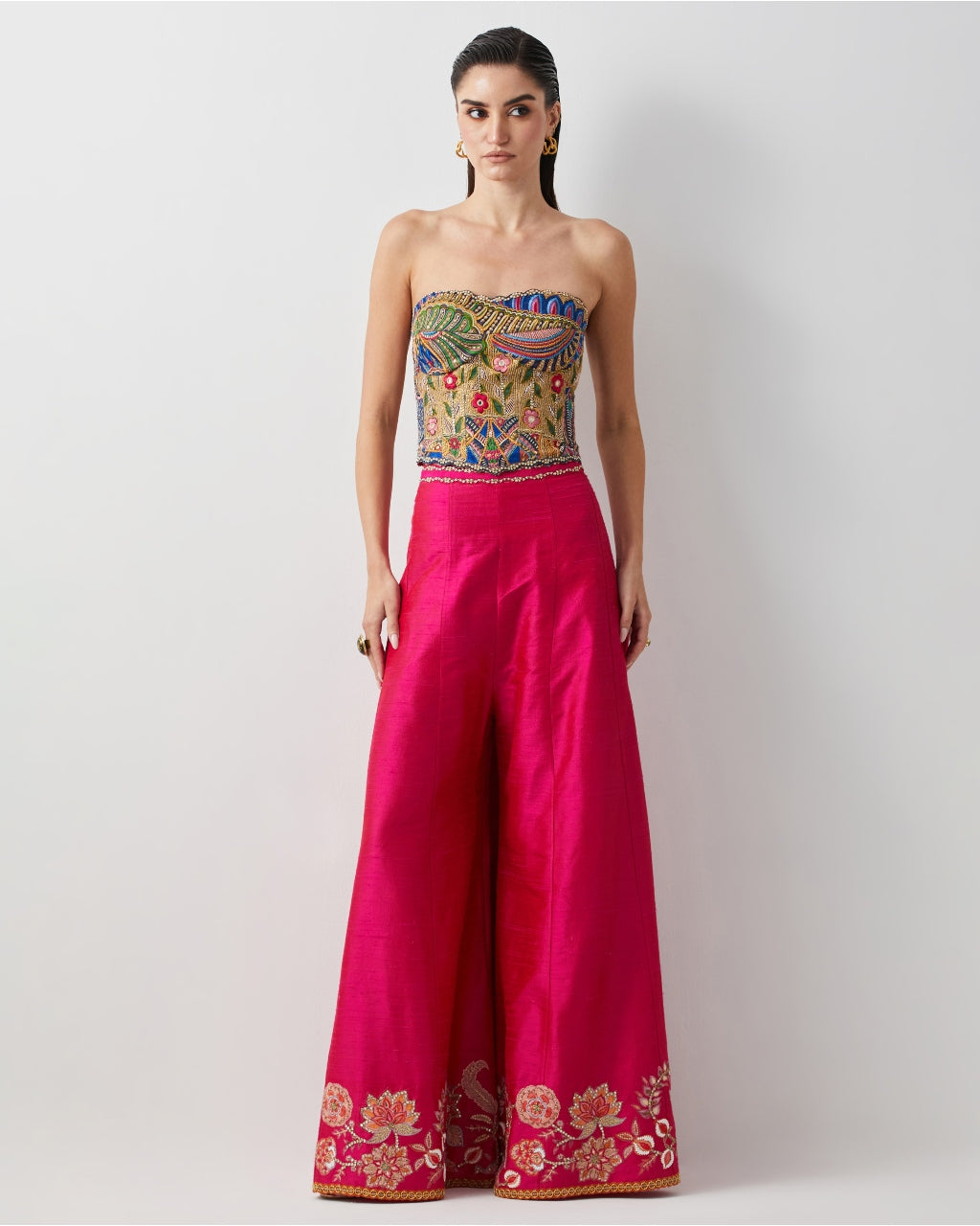 Hot Pink Embroidered Corset Plazzo Set
