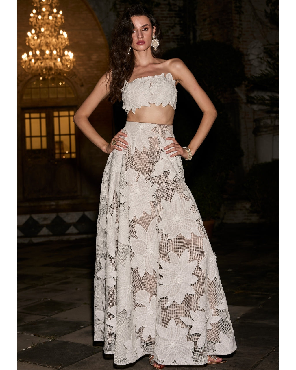 Floral Lace Appliqué Bandeau & Maxi Skirt Set