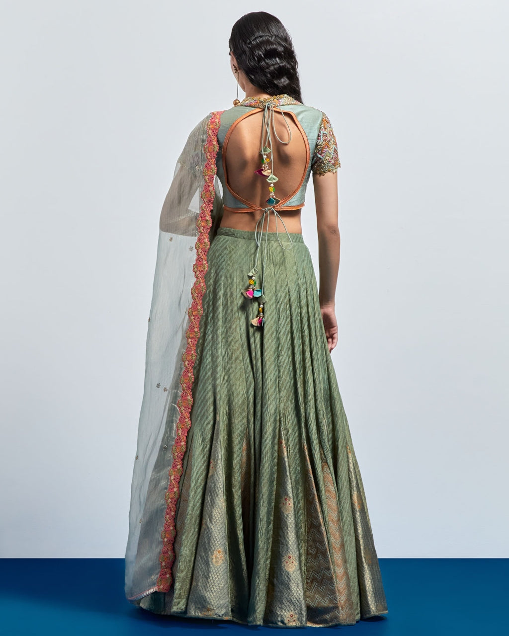 Saga Green Embroidered Lehenga Choli Dupatta Set