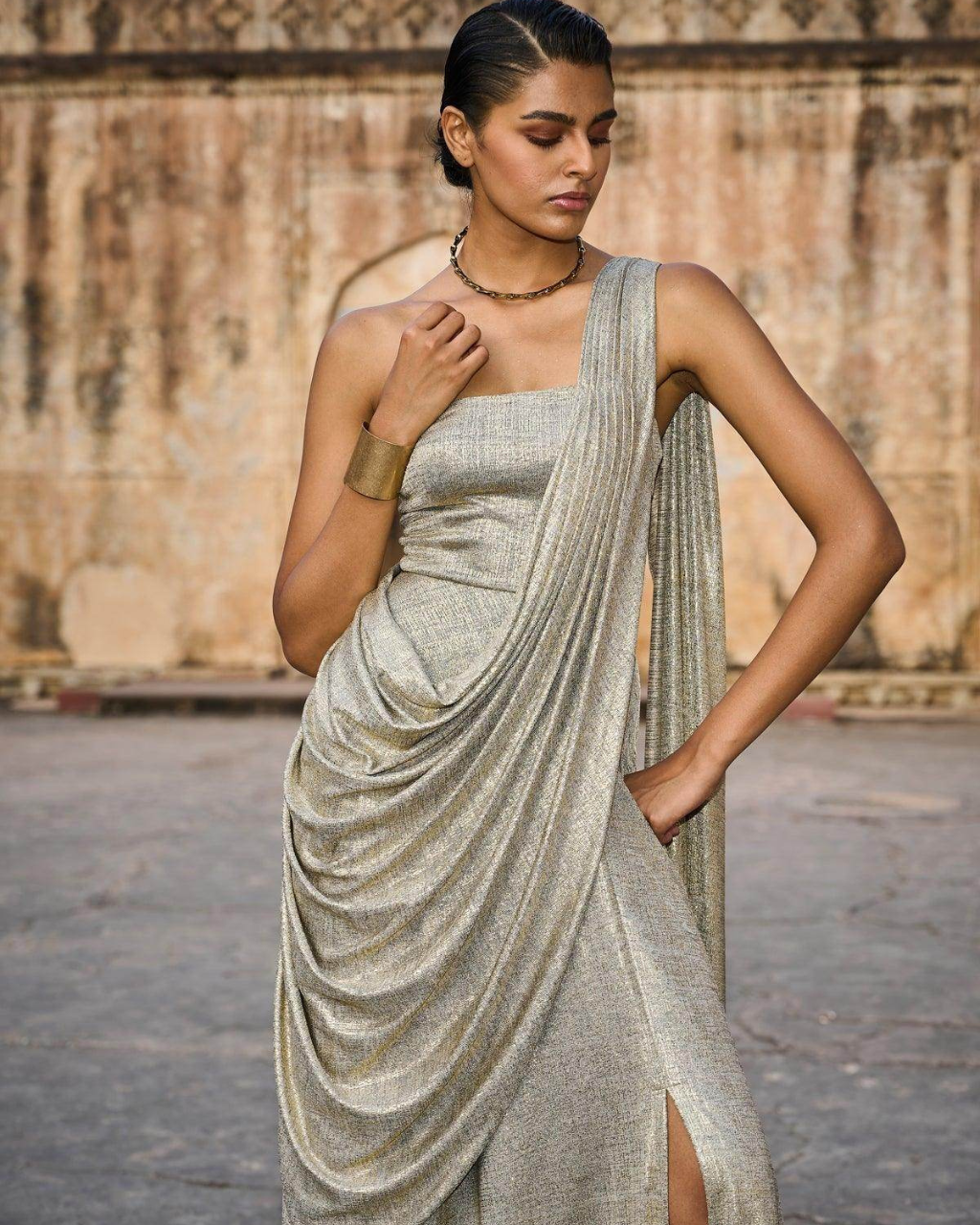 Gold Draped Sari Gown I Dash & Dot S Gold Draped Sari Gown I Dash & Dot S