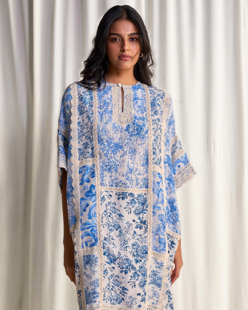 Silk-Linen Porcelain Print Patchwork Dress