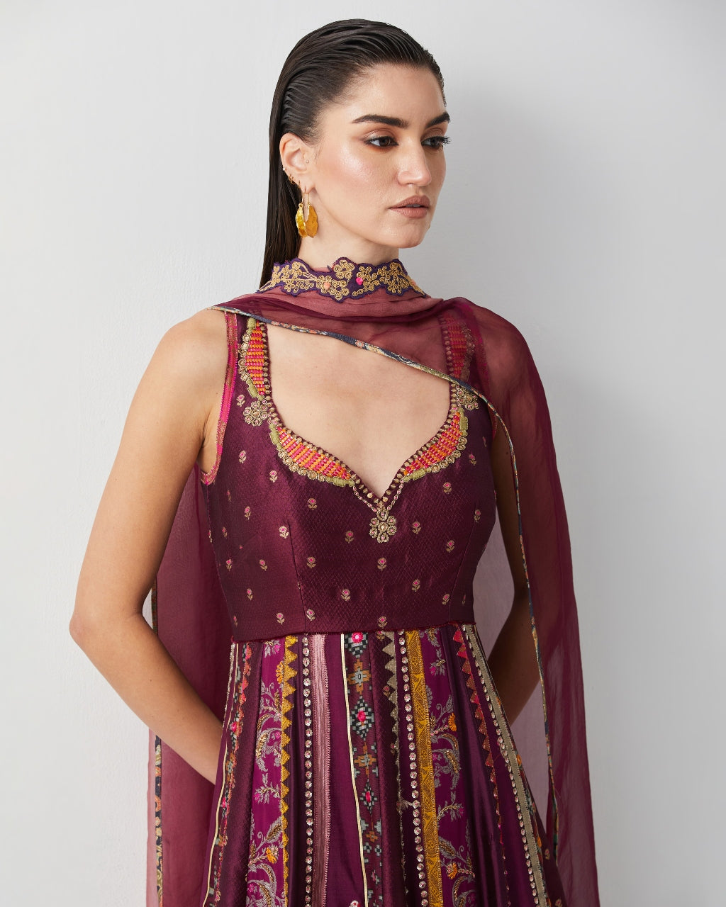 Wine Silk Embroidered Anarkali Set