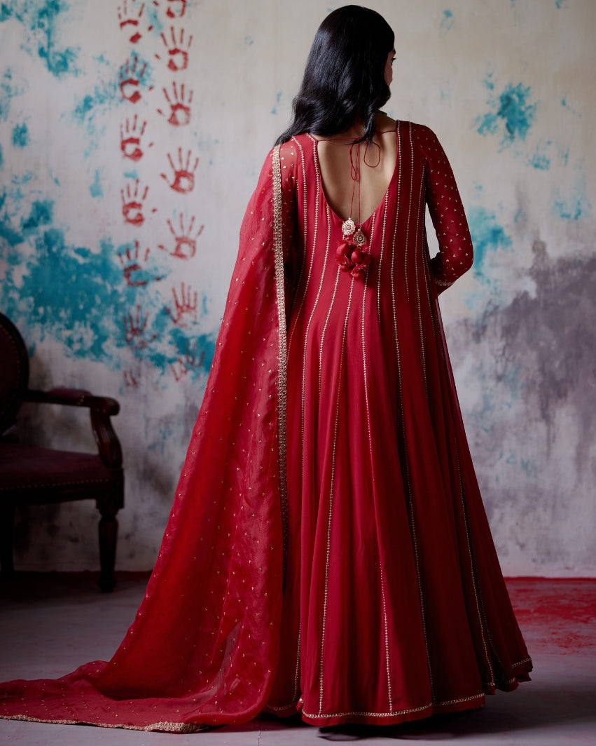 Red Kallidhar Anarkali Set