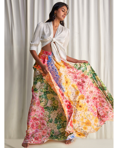 Front-Tie Top & Multi-Floral Maxi Skirt