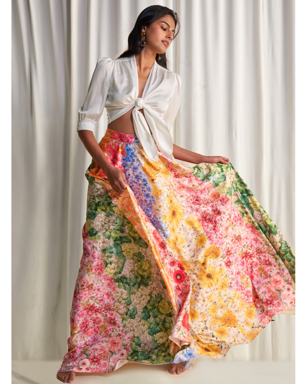 Front-Tie Top & Multi-Floral Maxi Skirt