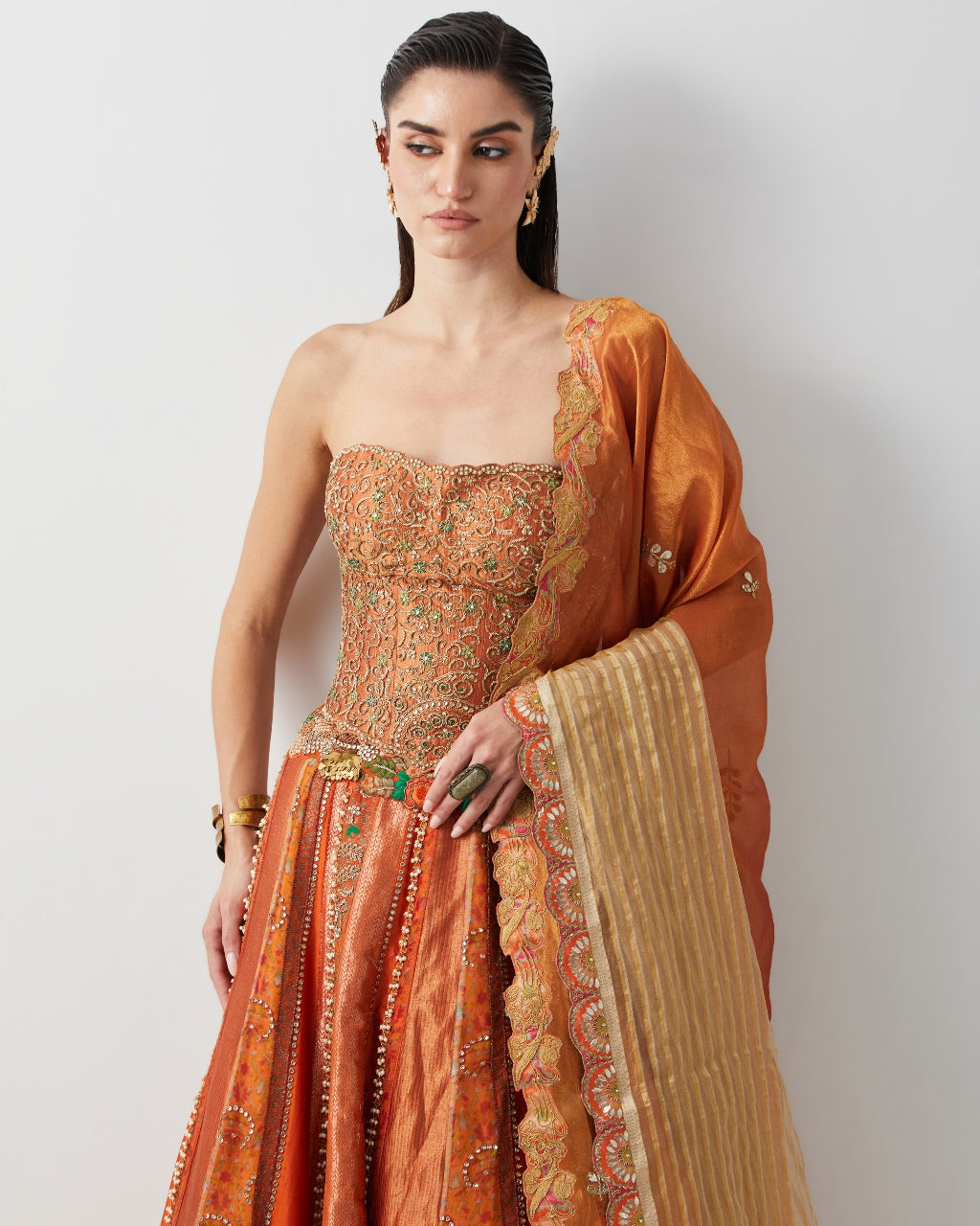 Roasted Carrot Hand Embroidered Lehenga Set With Organza Dupatta