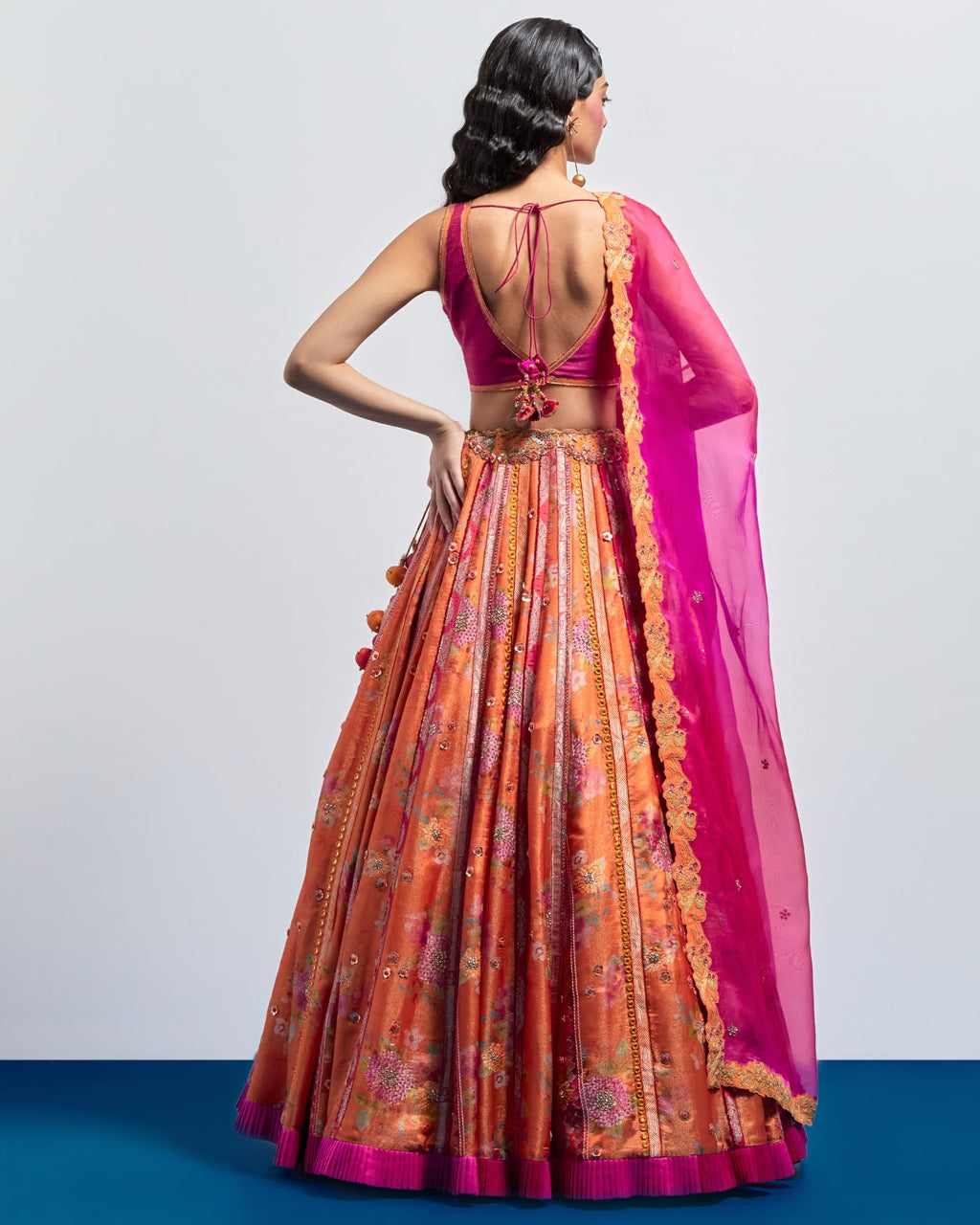 Orange Printed Embroidered Lehenga Dupatta Set