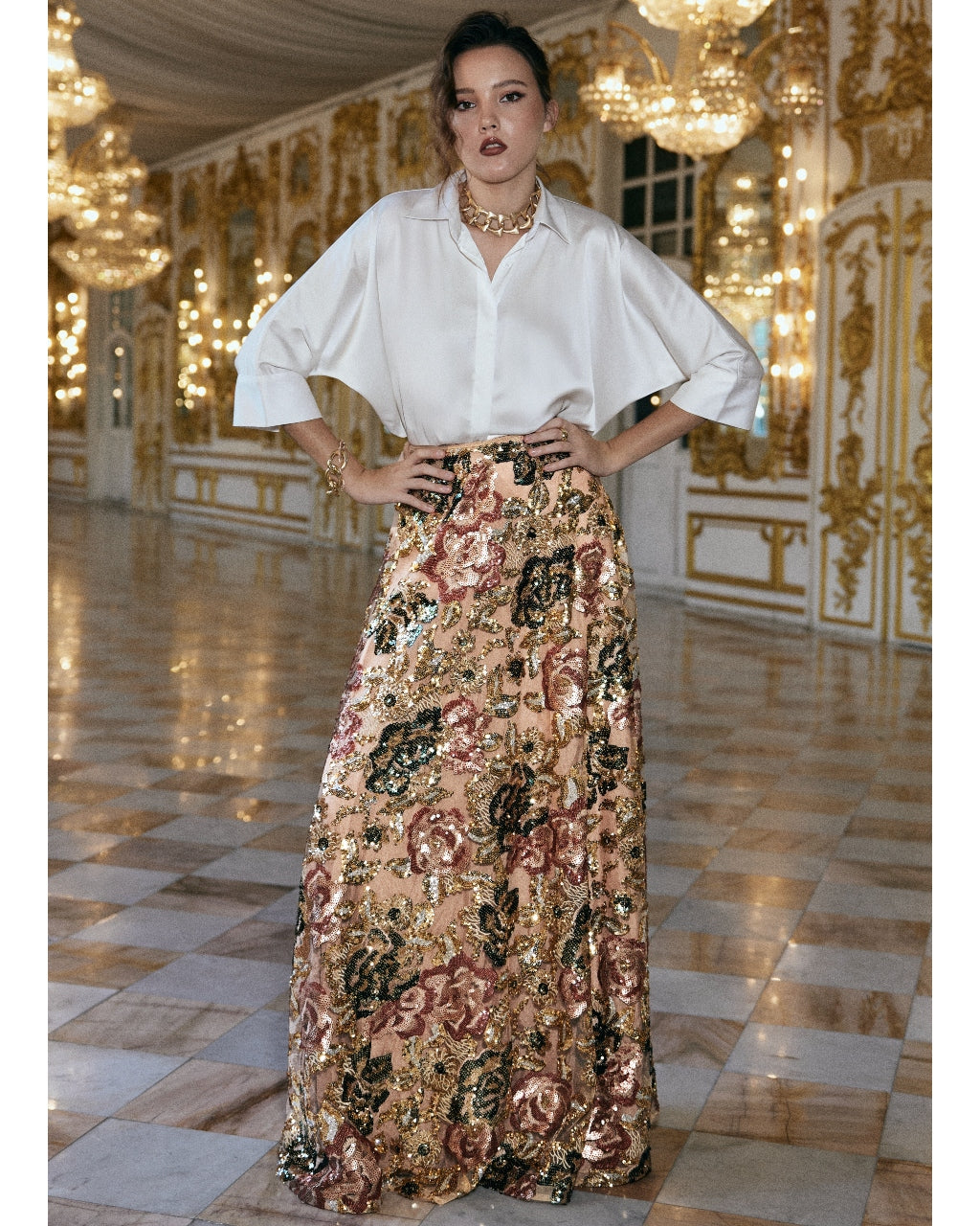 Ivory Satin Shirt & Floral Sequin Maxi Skirt