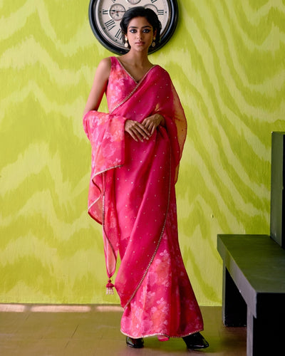 Fuchsia Pink Half And Half Sari With Blouse Set