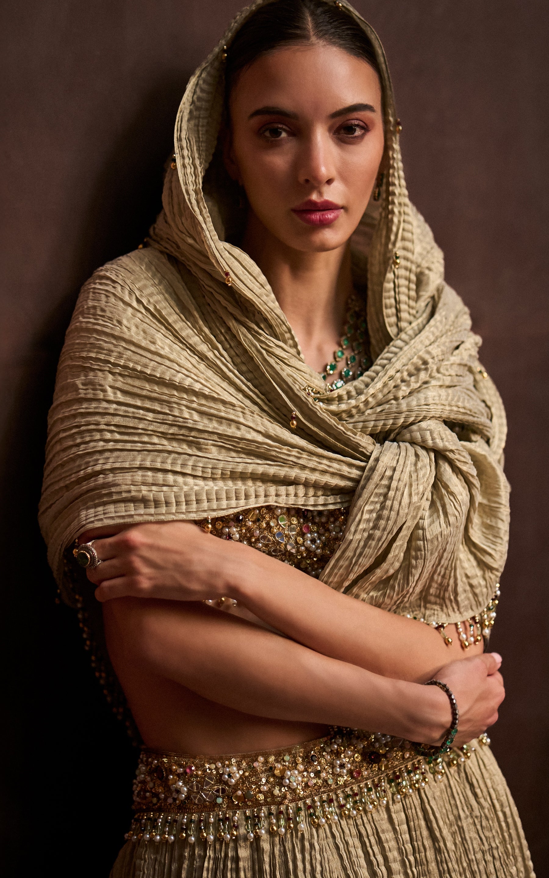 Golden Tissue Crush Lehenga Set