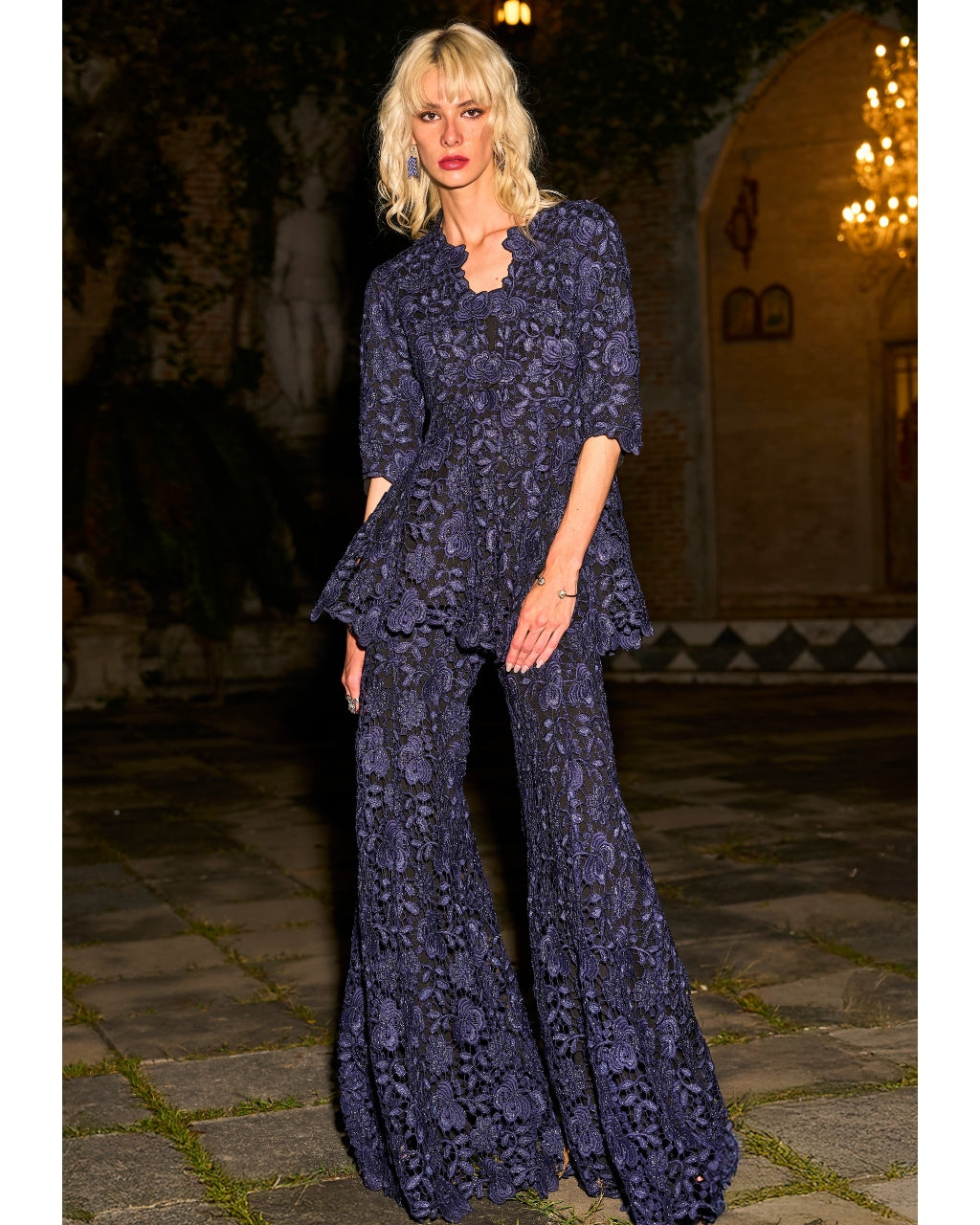 Embroidered Lace Peplum Top And Pant Set