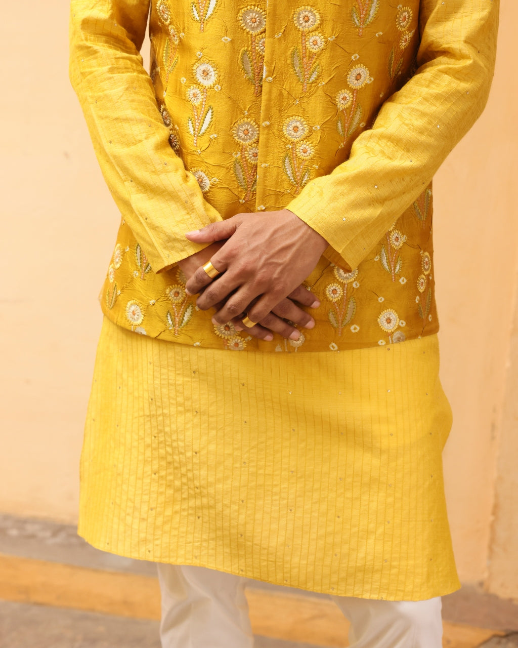 Marigold Yellow Silk Brocade Floral Bandi Set