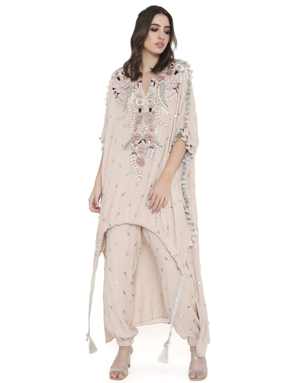 Stone Embroidered High Low Kaftan With Pant Set