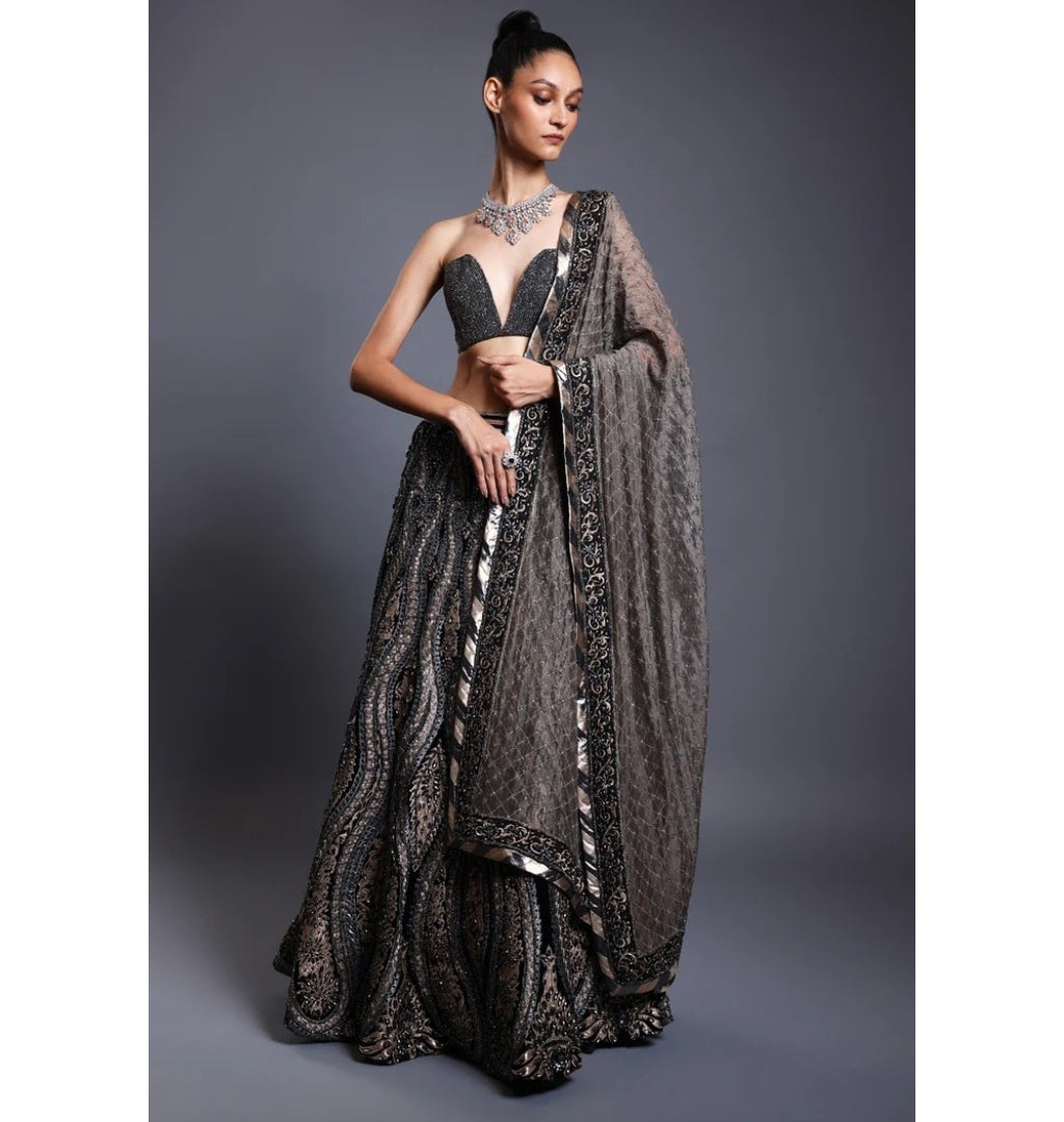 CF Applique Gunmetal Lehenga Set