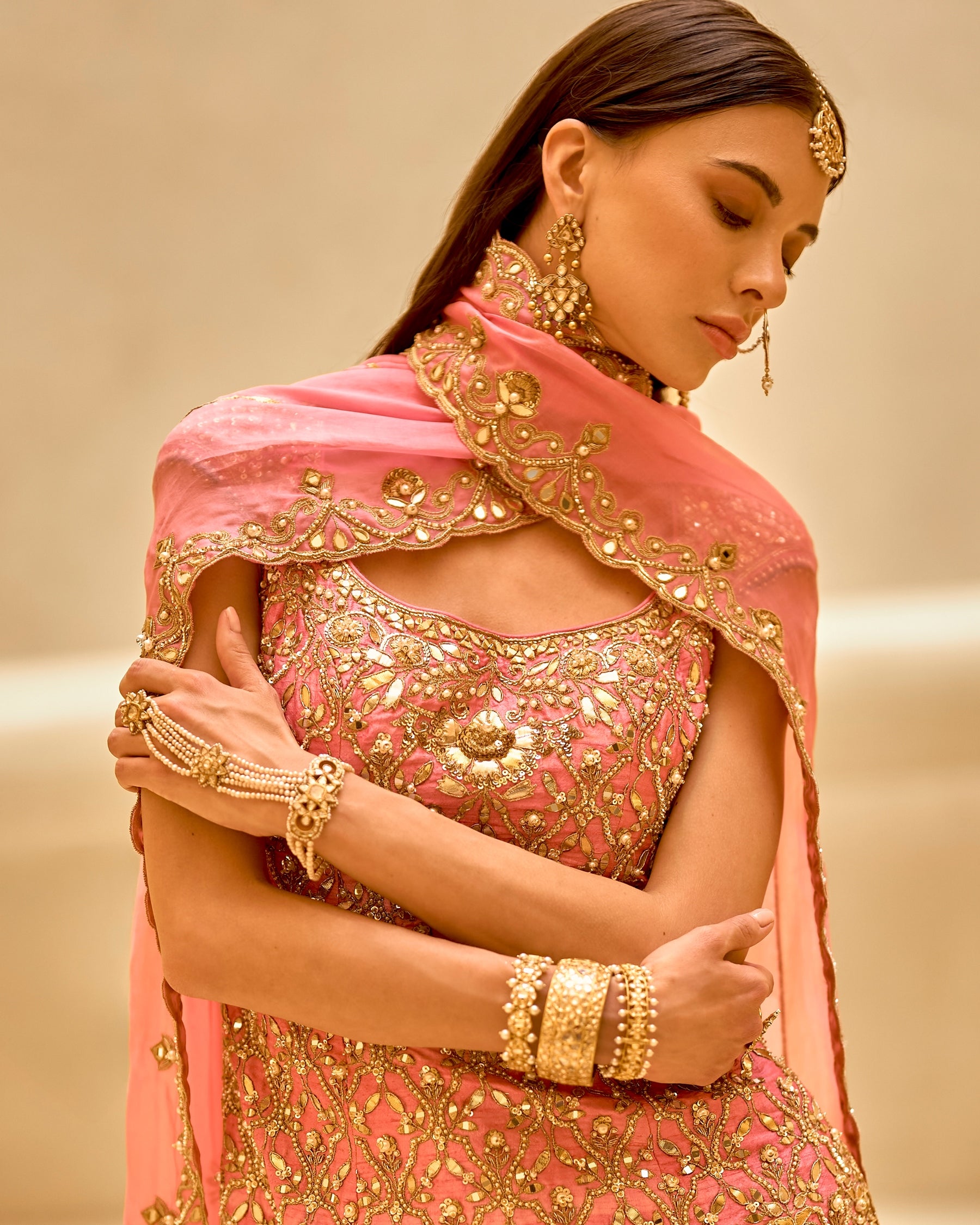 Onion Pink And Gold Sharara Set