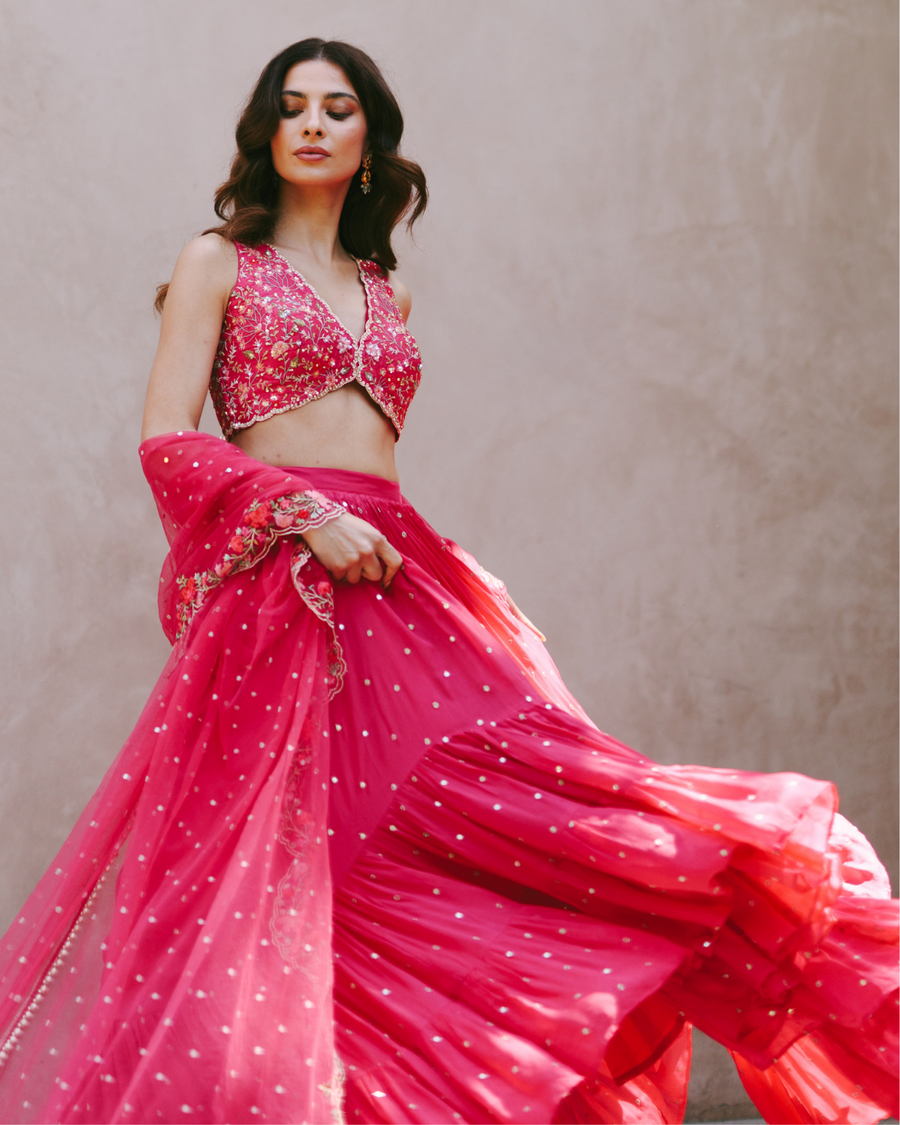 Hot Pink Floral Embroidered Lehenga Set | Chamee & Palak – KYNAH